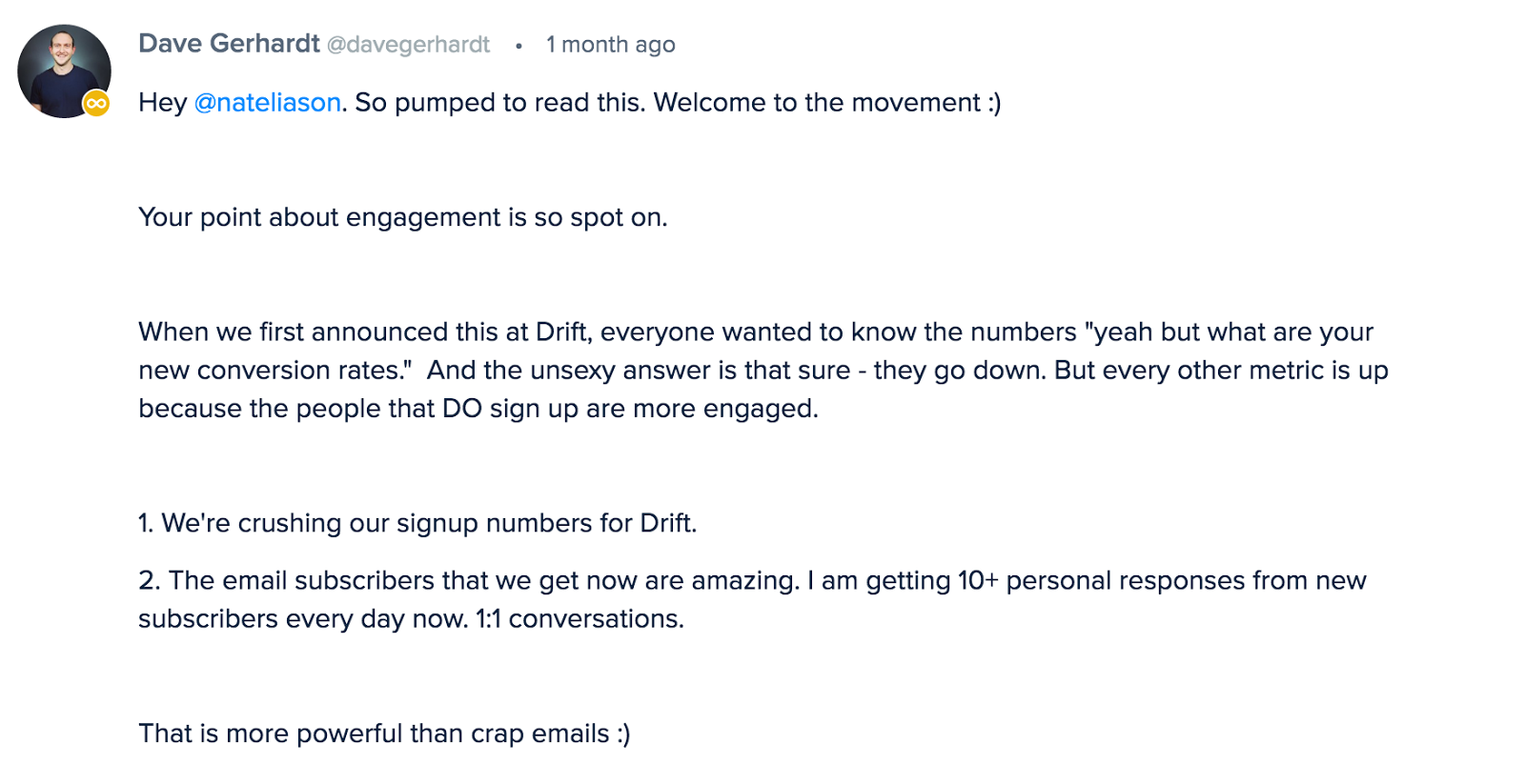 Drift commenting the benefits of removing email capture