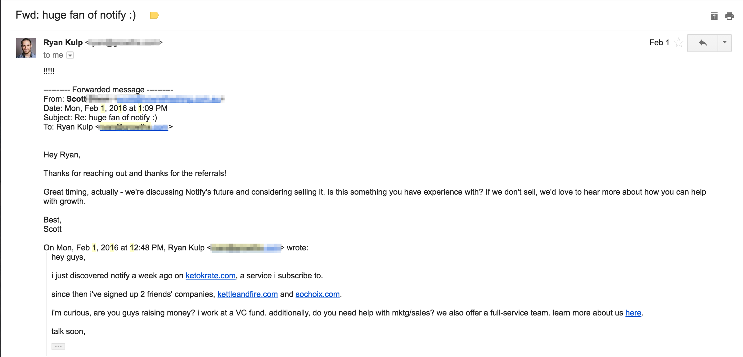 Reaching out Notify Email screenshot reaching out notify founders
