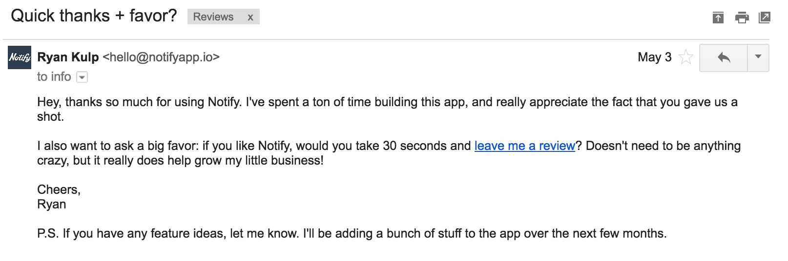Asking for a review Email asking for reviews for Notify