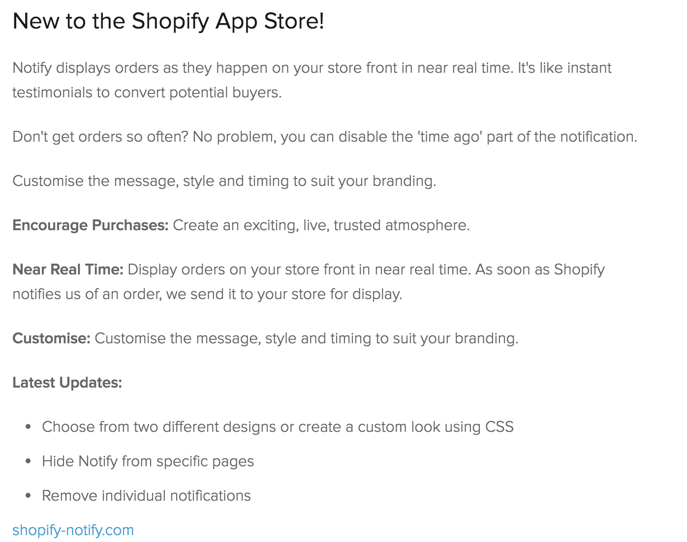 Old store listing of Notify Notify old store listing at Shopify