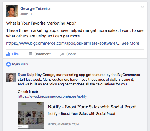 Notify in Facebook groups Screenshot of facebook groups discussion about Marketing App